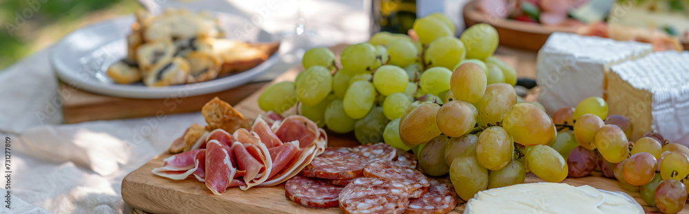 Header of picnic served outside cheese, grapes, salami on a wooden board in sunlight