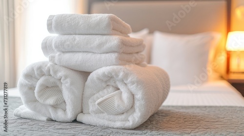 A stack of clean towels neatly arranged on a bed