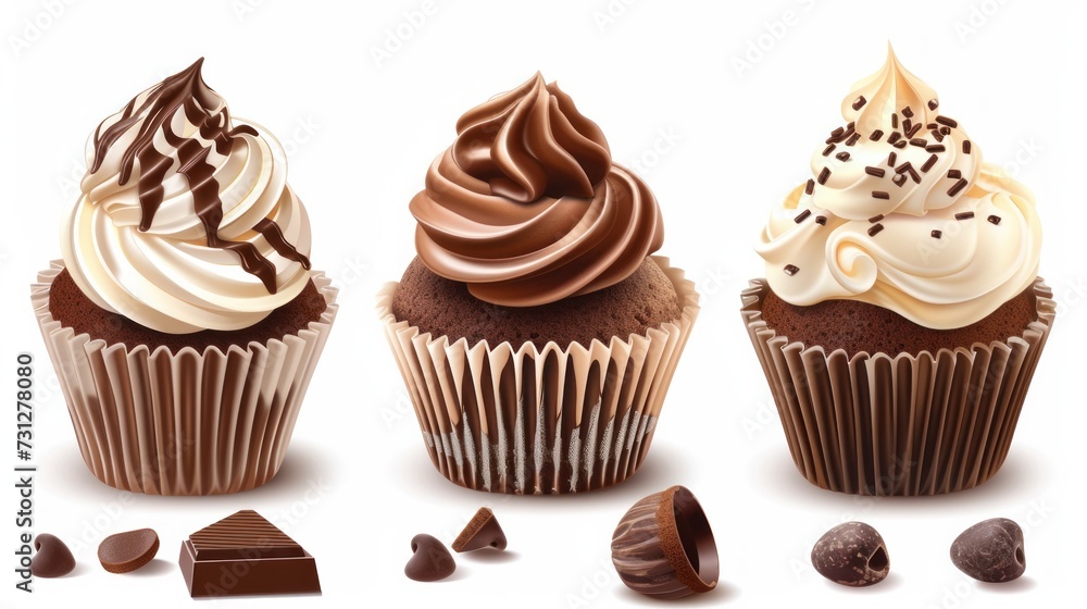 A set of isolated vector illustrations depicting sweet chocolate creamy cupcakes A set of isolated vector illustrations depicting sweet chocolate creamy cupcakes