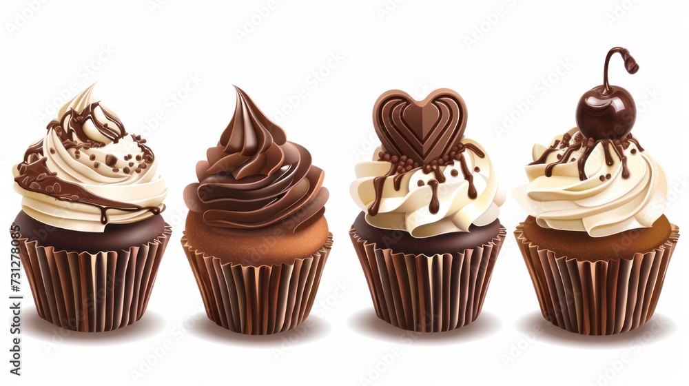 A set of isolated vector illustrations depicting sweet chocolate creamy cupcakes A set of isolated vector illustrations depicting sweet chocolate creamy cupcakes
