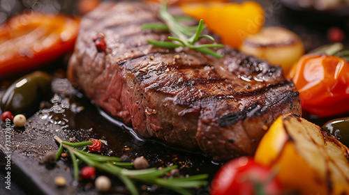 a steak with tomatoes and peppers on a grill