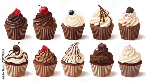 A set of isolated vector illustrations depicting sweet chocolate creamy cupcakes