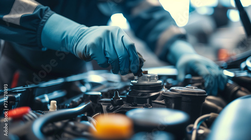 Professional Mechanic in Gloves Performing Brake Fluid Check on Car Engine, Focused Maintenance and Vehicle Care