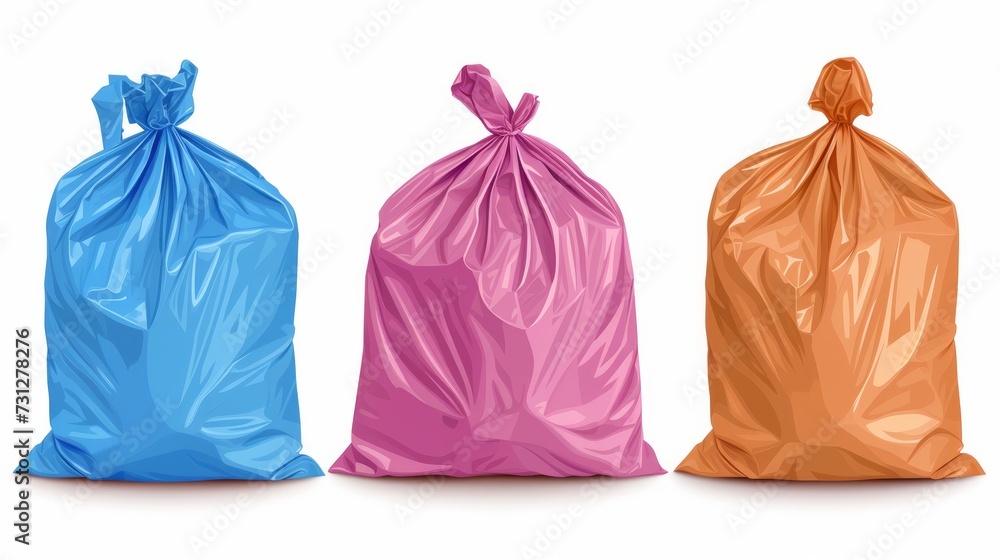 Three garbage bags of different colors isolated on a white background, depicting general waste Three garbage bags of different colors isolated on a white background, depicting general waste
