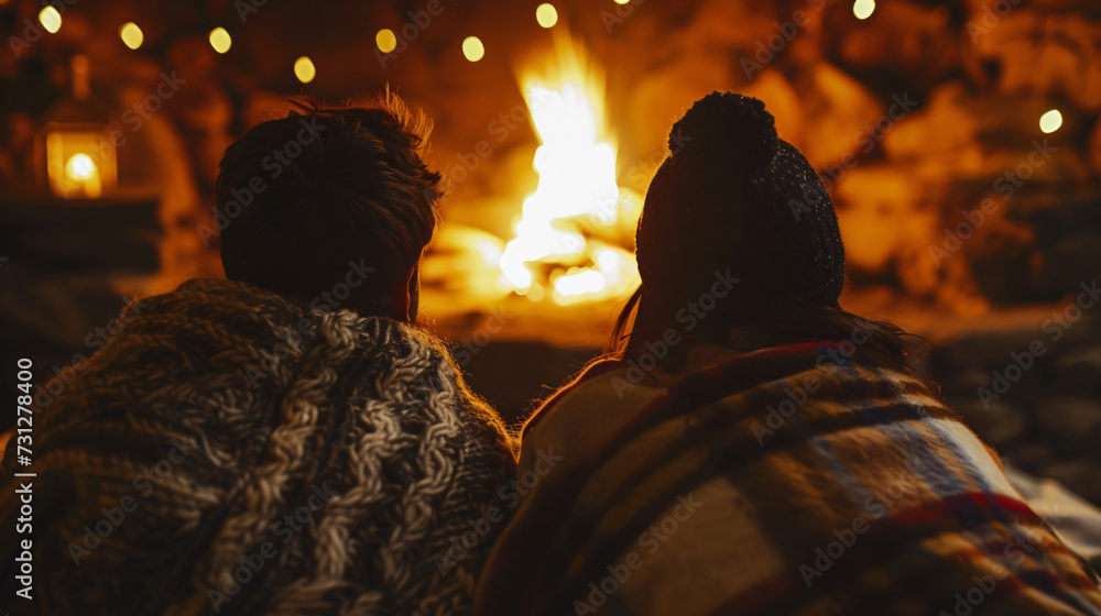 A heartwarming moment by the fireplace, as they cuddle up under a comfy blanket, sharing the comforting glow of the crackling flames.