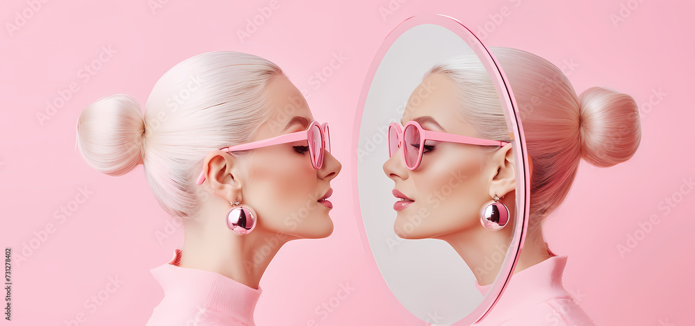 Reflective Portrait: Woman Gazing at Her Reflection in the Mirror Reflective Portrait: Woman Gazing at Her Reflection in the Mirror