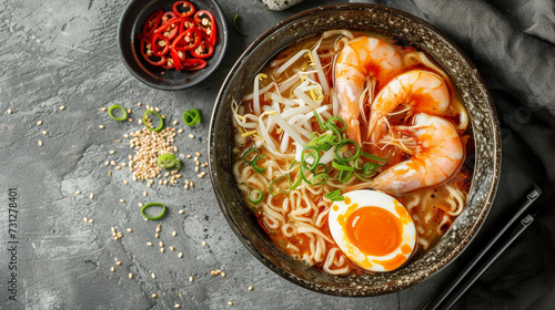 a bowl of ramen with shrimp and an egg