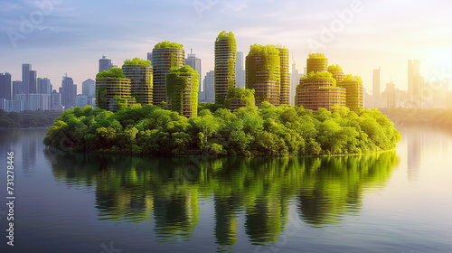 Futuristic green skyscrapers with lush vegetation on balconies, blending urban life with nature, reflecting in the water