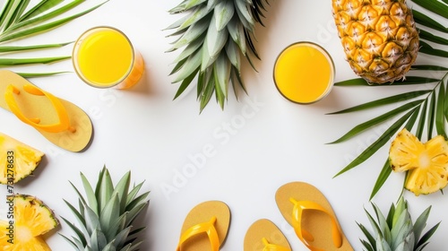 In a tropical summer vacation concept, a pineapple, juice, and flip flops are organized on a white background. This view is from above, featuring a flat lay style