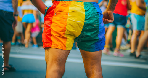 Rainbow Colorful Shorts on a Man at Pride. Generative AI