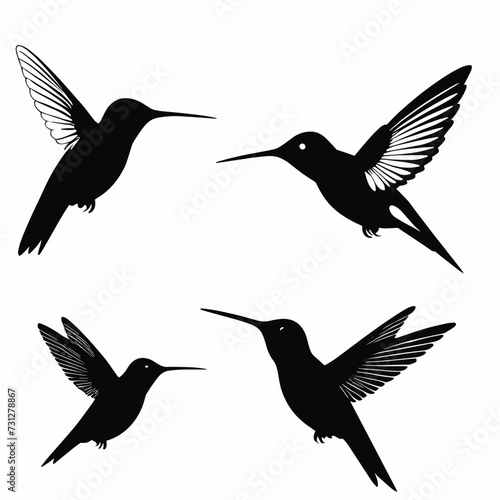 Silhouettes of hummingbirds in flight, showcasing diverse wing positions and elegant forms against a white background.
