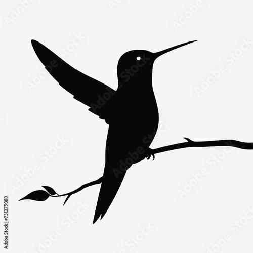 Silhouette of a hummingbird perched on a branch, with wings slightly spread, against a plain background.