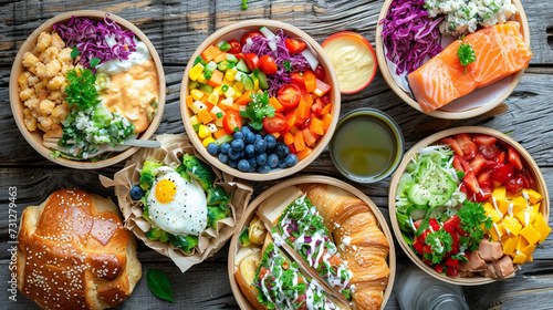 a table with bowls of food and a croissant
