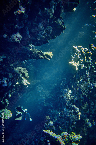 Obraz na płótnie The beauty of the underwater world - beautiful space of underwater cave with rays of natural sunlight - scuba diving in the Red Sea, Egypt w salonie