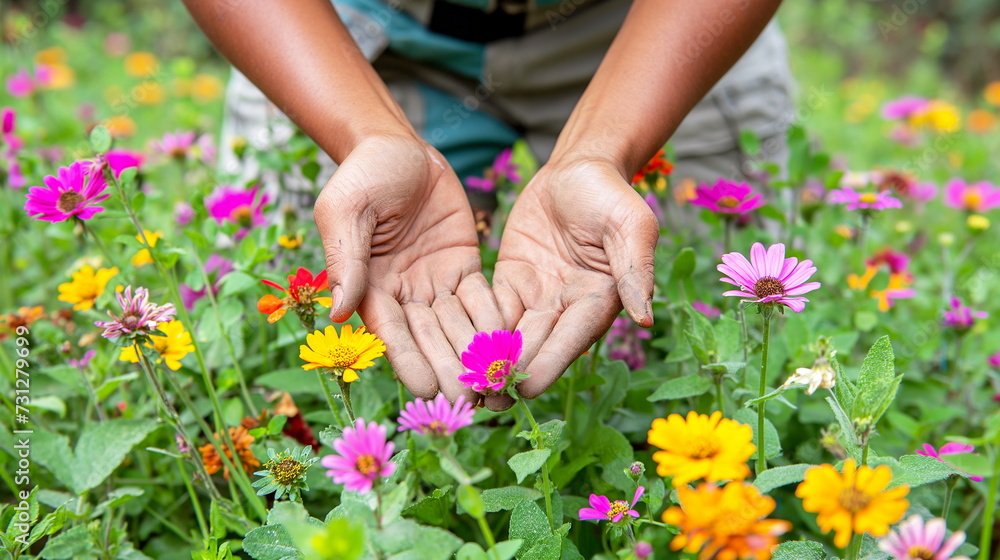 Hands cupping soil in a colorful field of wildflowers, showcasing the beauty of nature and sustainable growth