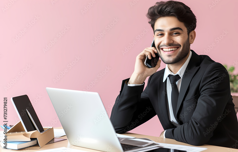 Happy Businessman Talking On The Phone. Male Online Store Owner Utilizing a Laptop in His Shop. A Visionary Entrepreneur Navigating the Digital Landscape, Happy Businessman Talking On The Phone. Male Online Store Owner Utilizing a Laptop in His Shop. A Visionary Entrepreneur Navigating the Digital Landscape,