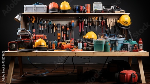 Well-organized workbench with an array of tools and safety equipment