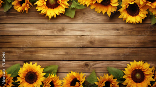 Frame of decorative sunflowers on wooden background, Copy space