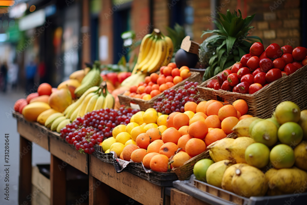 Market with various fruits on the counter. Generated by artificial intelligence