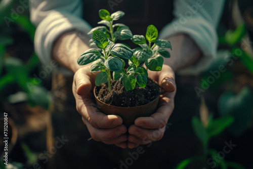 An Agriculturist is holding a pot with seedlings that have just sprouted. Person planting a plant.