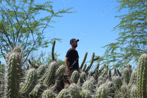 homem sentado em frente a cactos no Serrote do Urubu, em Petrolina, Pernambuco, vegetação da caatinga no sertão nordestino