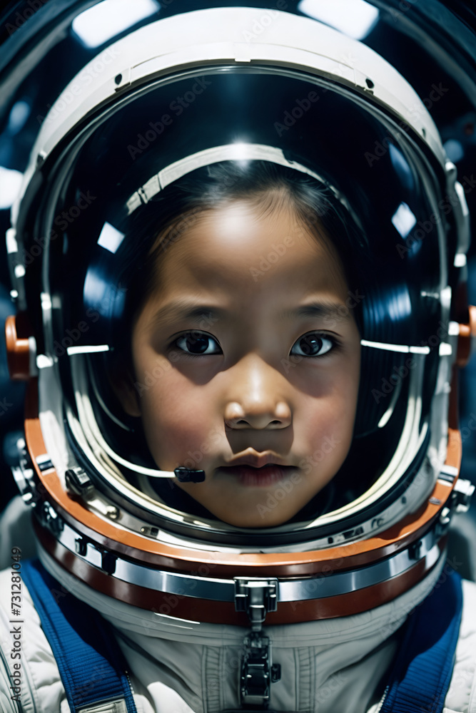 Astronaut gilr. Child wearing astronaut suit in spaceship. Child embracing future profession. Kid in aspirational attire