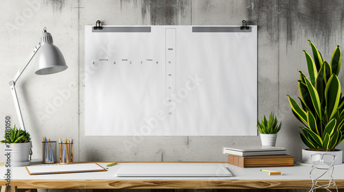 A sleek and modern blank wall calendar mockup adorns a minimalist workspace, showcasing every page with clarity and precision. Perfect for custom calendar designs, this mockup allows for eas