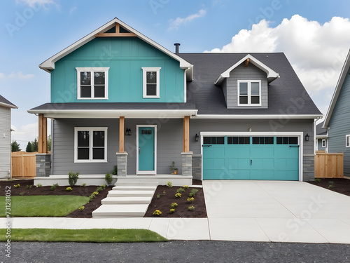 Grey-new Construction Modern Cottage Home with Hardy Board Siding and Teal Door with Curb Appeal design. © Mahmud