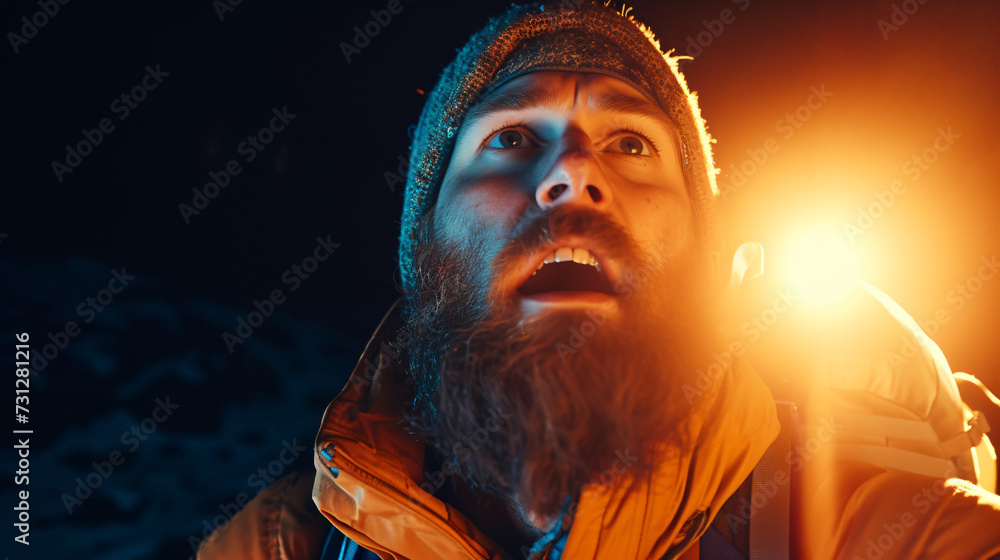 A thrill-seeking explorer in his late 30s, his weathered face adorned with a scruffy beard, exudes an electrifying enthusiasm. Clad in rugged outdoor gear, he emanates a restless excitement - obrazy, fototapety, plakaty 