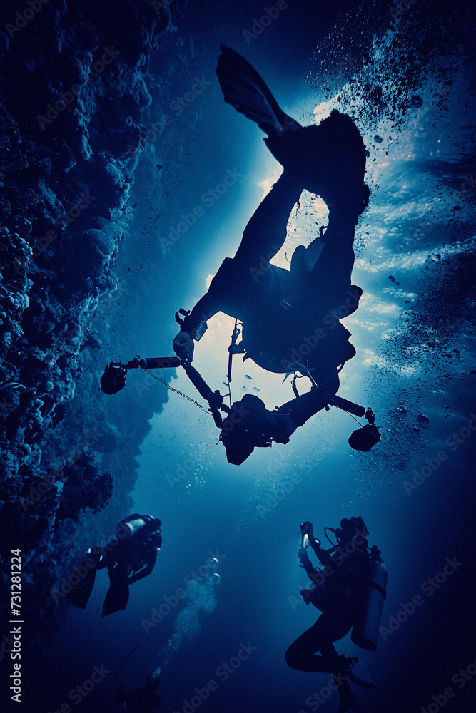 The beauty of the underwater world - underwater photographer with camera and underwater lamps - scuba diving in the Red Sea, Egypt