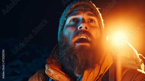 A thrill-seeking explorer in his late 30s, his weathered face adorned with a scruffy beard, exudes an electrifying enthusiasm. Clad in rugged outdoor gear, he emanates a restless excitement photo