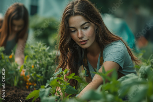 Woman in the garden. A Teen girls at a community garden, planting and gardening together.