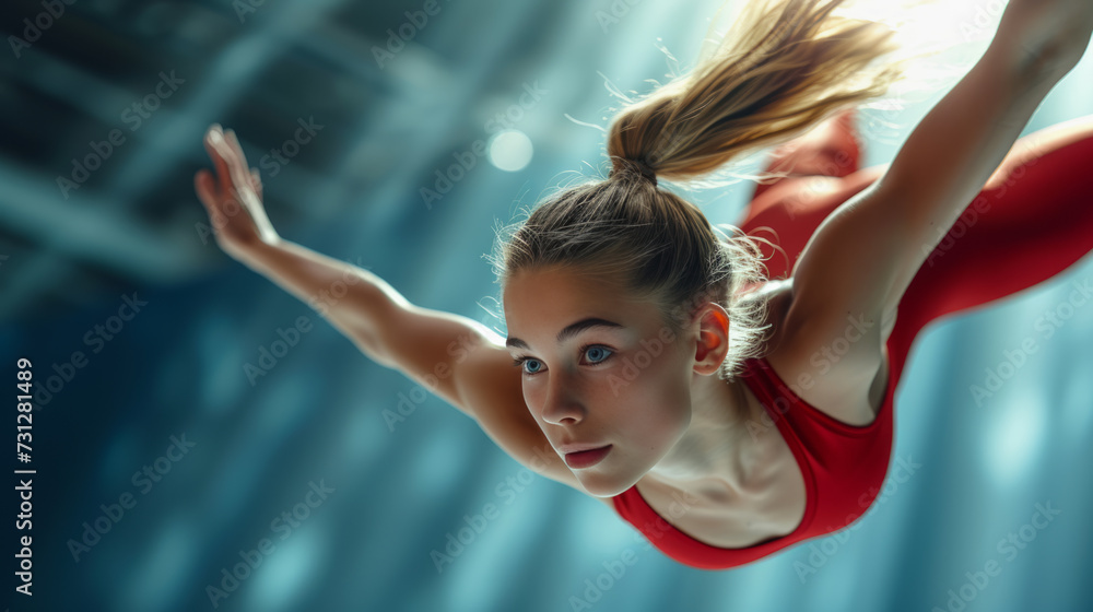 Rhythmic gymnastics, performing in sport arena - obrazy, fototapety, plakaty 