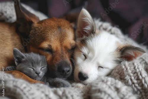 A cozy scene of an unlikely pair, a canine and feline, peacefully snuggled together on a soft bed, their warm bodies intertwined under a fluffy blanket