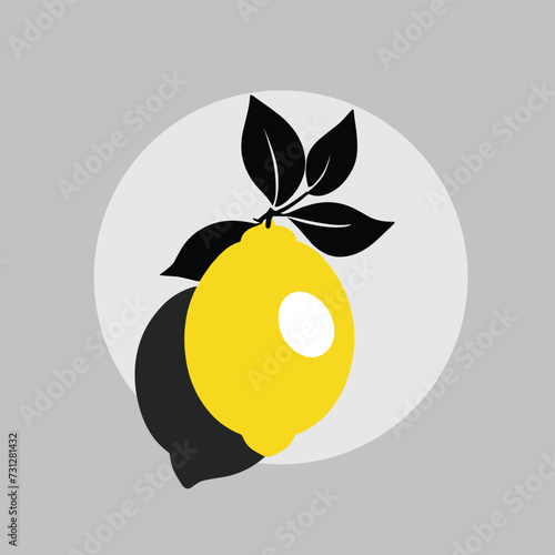 A minimalist illustration of a bright yellow lemon with black leaves against a gray background, emphasizing simplicity and contrast.