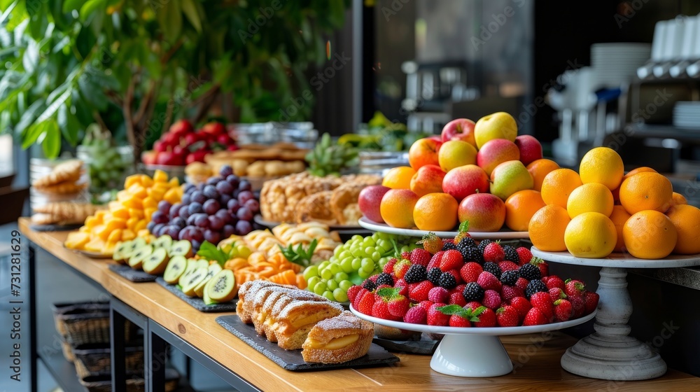 Modern restaurant tables showcase colorful fruit platters and artisanal pastries for a delightful morning spread
