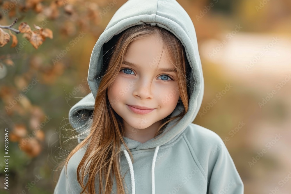 A young girl embraces the changing seasons, her face hidden beneath a cozy hoodie as she models the latest fall jacket with a playful bonnet, capturing the essence of youth and the beauty of nature i A young girl embraces the changing seasons, her face hidden beneath a cozy hoodie as she models the latest fall jacket with a playful bonnet, capturing the essence of youth and the beauty of nature i