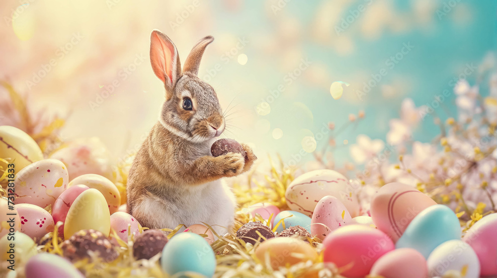 Cute Easter Rabbit Eating Chocolate With Eggs With Pastel Colors. Festive Background For Happy Easter. Easter Greeting With Funny Bunny Cute Easter Rabbit Eating Chocolate With Eggs With Pastel Colors. Festive Background For Happy Easter. Easter Greeting With Funny Bunny