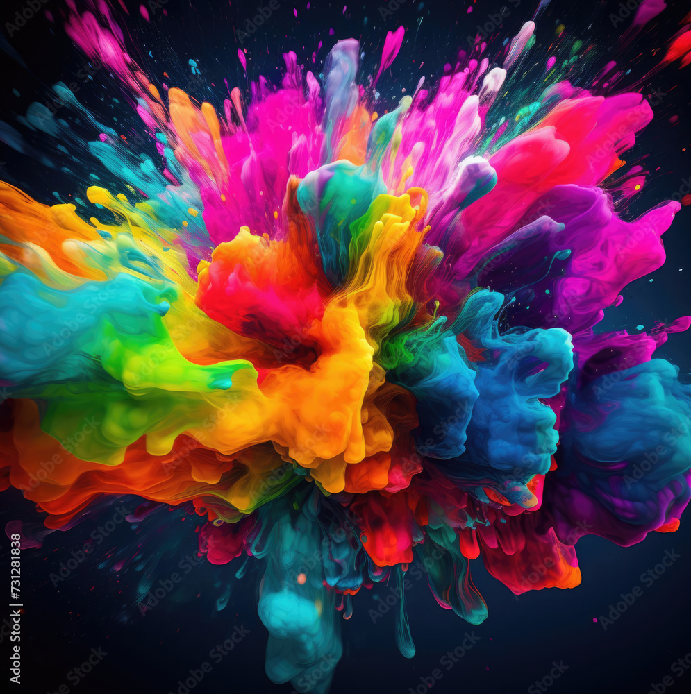 Abstract colorful paint splash  on dark  background.illustration