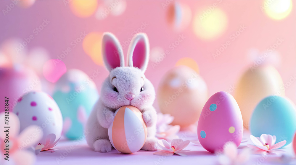Cartoon Easter Rabbit With Eggs With Pastel Colors. Festive Background For Happy Easter. Easter Greeting With Funny Bunny Cartoon Easter Rabbit With Eggs With Pastel Colors. Festive Background For Happy Easter. Easter Greeting With Funny Bunny