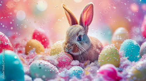 Cute Easter Rabbit With Eggs With Pastel Colors. Festive Background For Happy Easter. Easter Greeting With Funny Bunny
