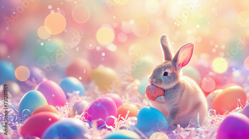 Cute Easter Rabbit Eating Chocolate With Eggs With Pastel Colors. Festive Background For Happy Easter. Easter Greeting With Funny Bunny