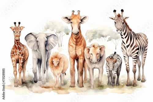 Group of African safari animals together and Cute safari wildlife animal with giraffe  lion  elephant  lion  zebra  tiger