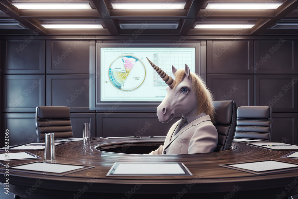 Unicorn as a symbol of successful startup business, dressed as ...