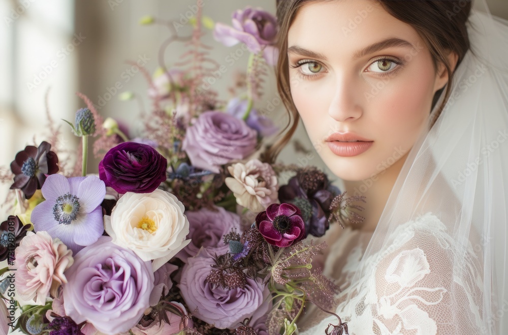 Naklejka premium bride holding up purple wedding flower bouquet