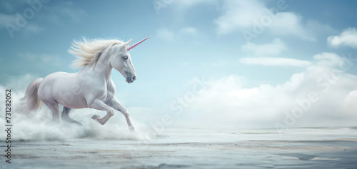 Unicorn as a symbol of successful startup business  running in dust  blue sky and clouds of heaven in background with copy space