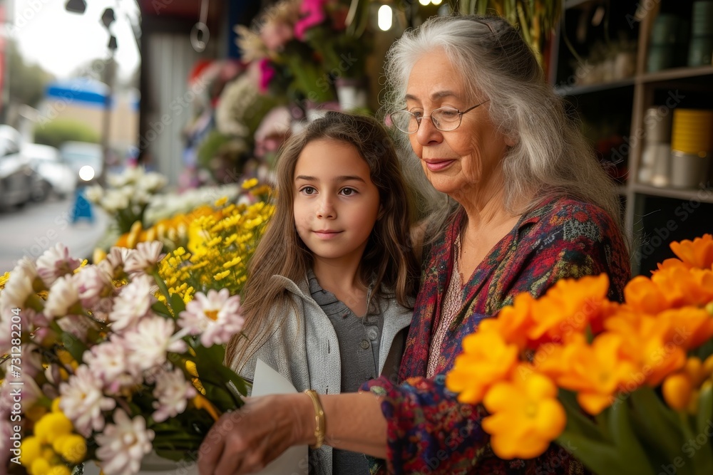 A woman and young girl stand together in an outdoor flower shop, their faces illuminated by the colorful blooms as they admire a stunning bouquet in the woman's hands