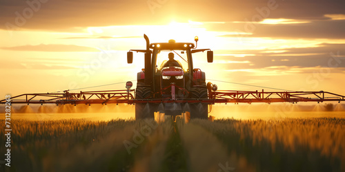Crop Spraying Tractor: Precision Farming in Action, Illustrates the process of precision agriculture and crop protection from pests or diseases