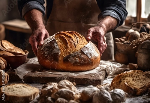 Boulanger présentant une miche de pain