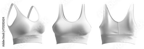 Set of white front back side view, sports exercise bra tank crop top on transparent background cutout, PNG file. Mockup template for artwork graphic design